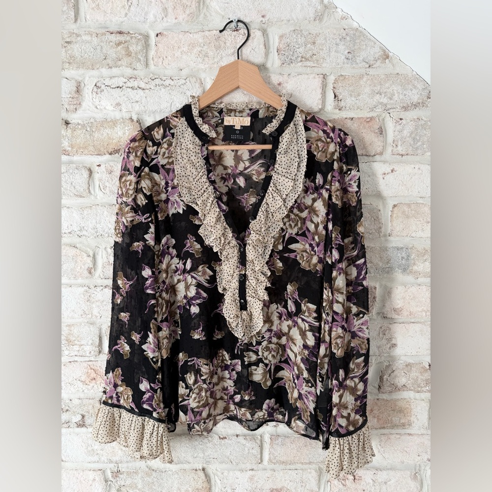 Barneys New York x By TiMo Black Floral Ruffled Blouse